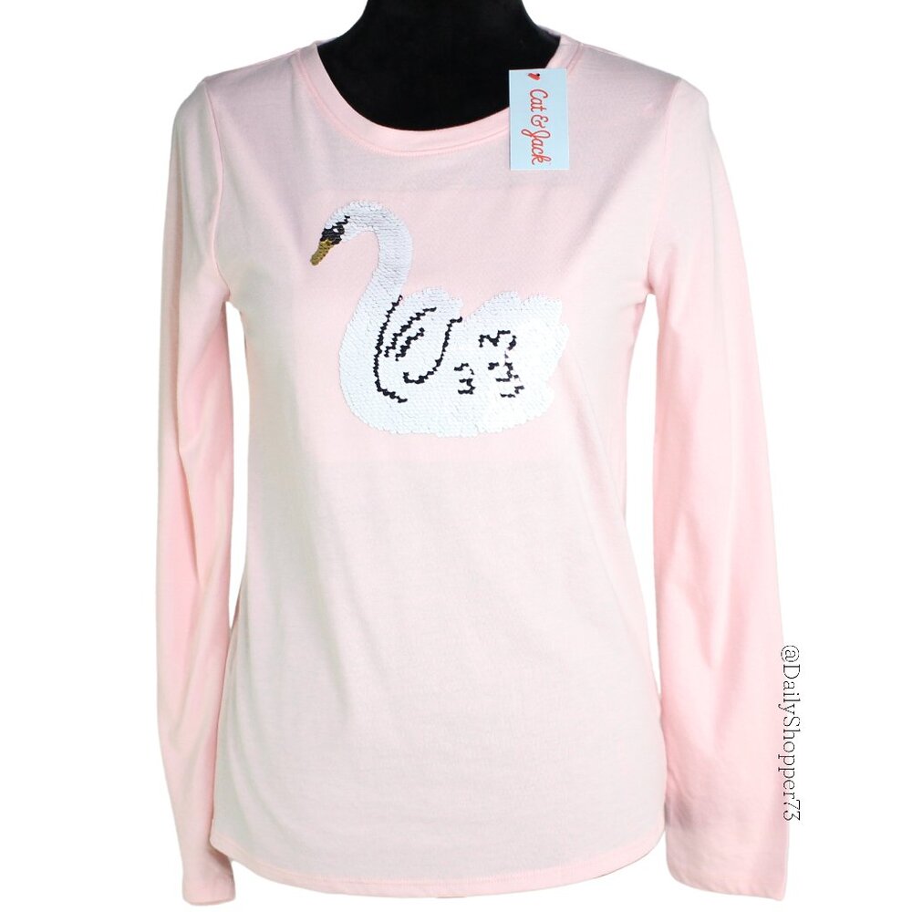 Cat & Jack Girls' Powder Pink Black & White Reversible Sequin Swan Tee Shirt